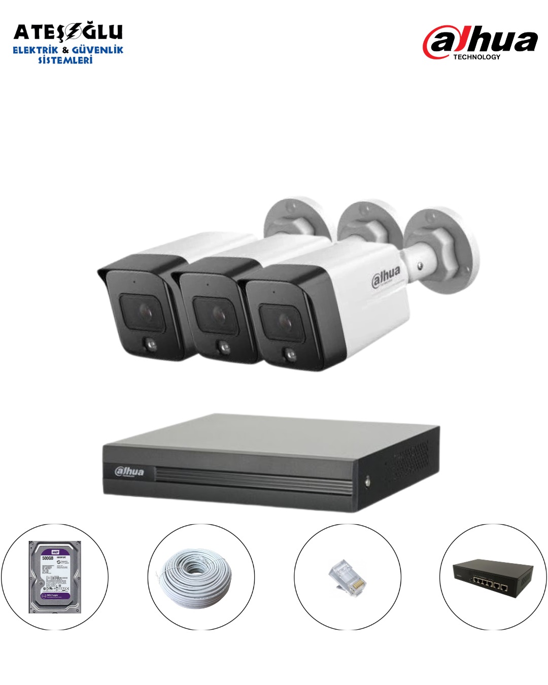 DAHUA 2 MP IP KAMERA SİSTEMİ 3 LÜ SET MONTAJ DAHİL