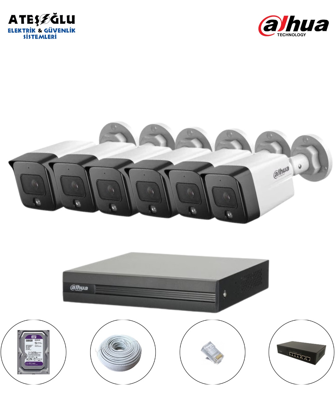 DAHUA 2 MP IP KAMERA SİSTEMİ 6 Lı SET MONTAJ DAHİL