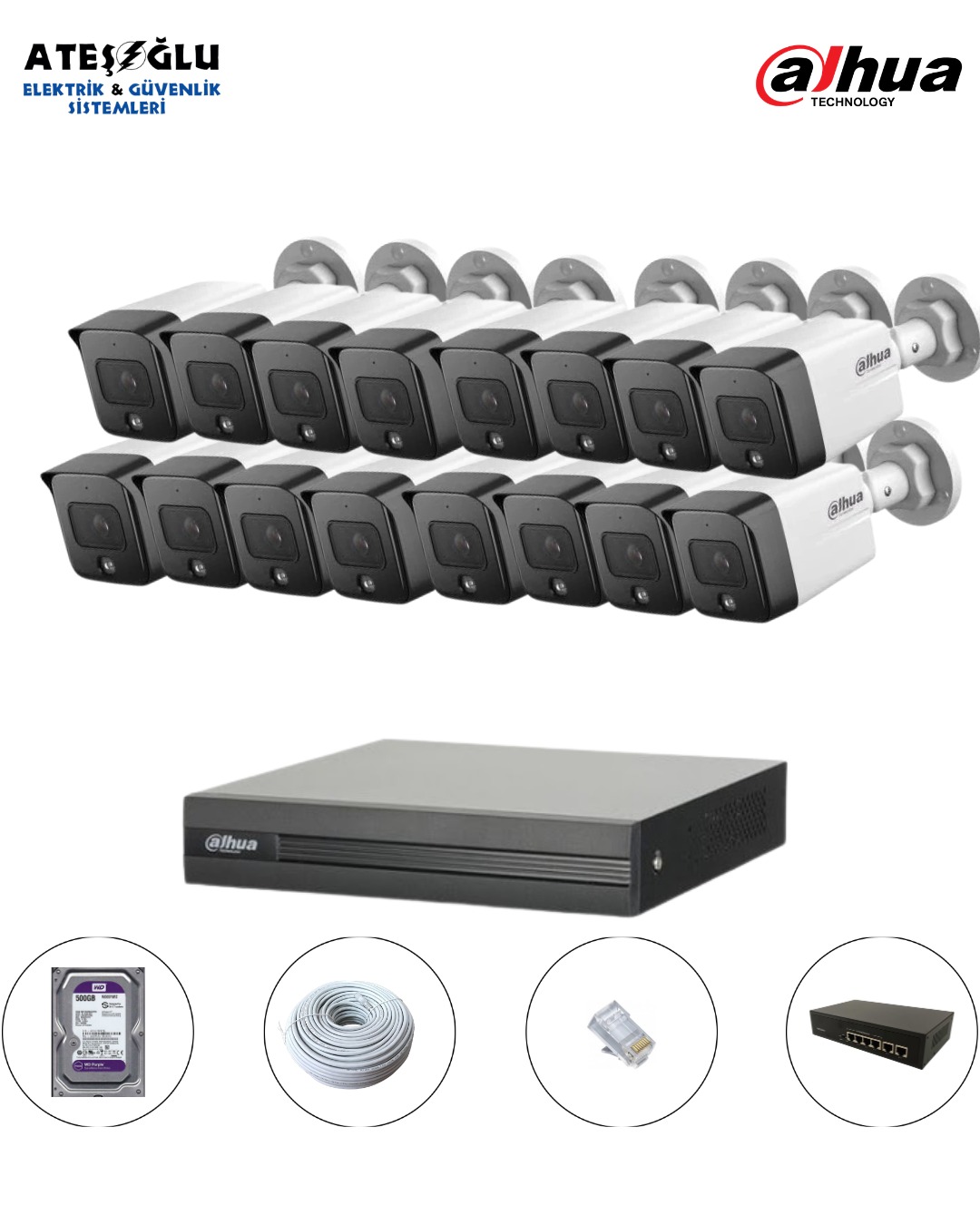DAHUA 2 MP IP KAMERA SİSTEMİ 16 Lı SET MONTAJ DAHİL