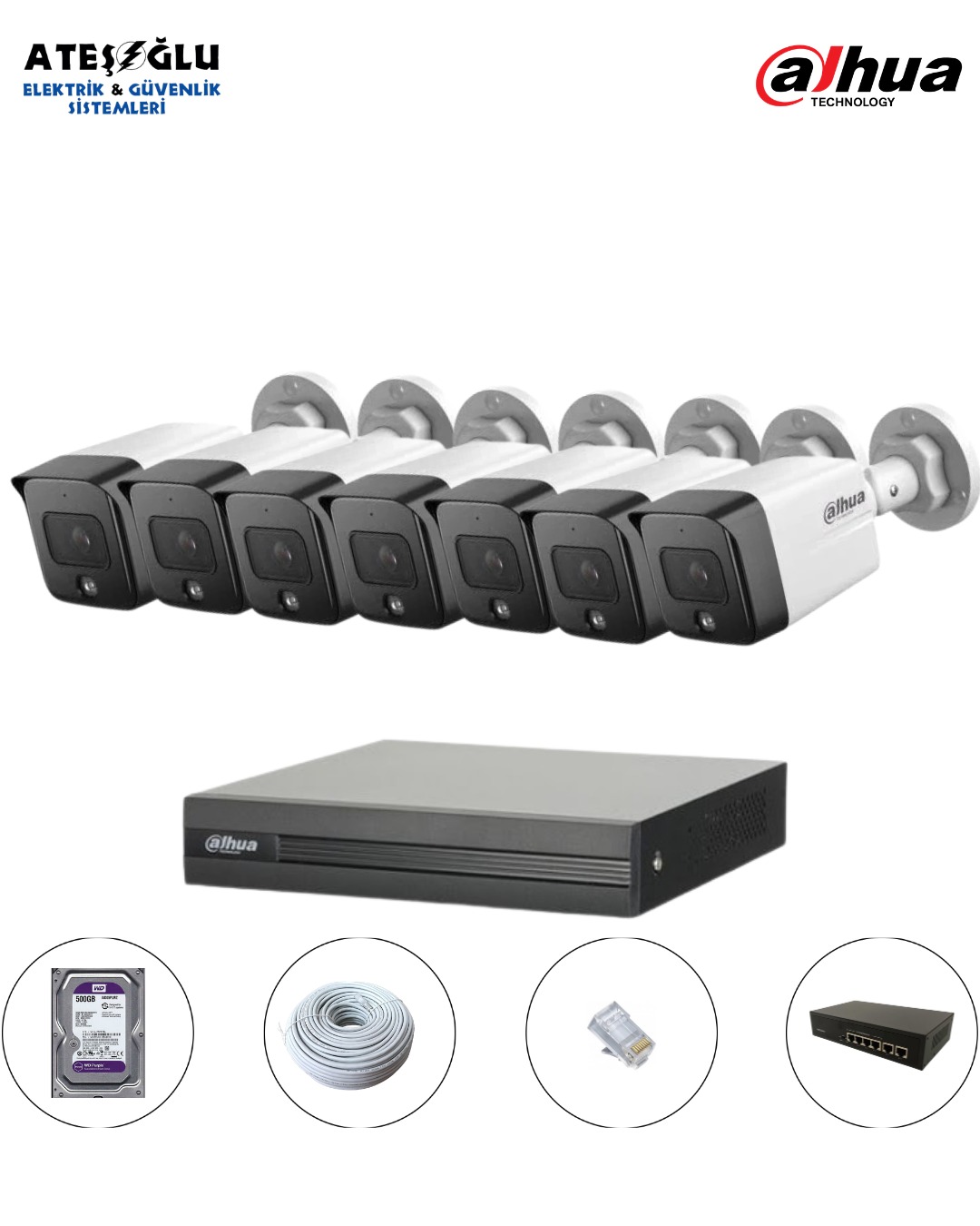 DAHUA 2 MP IP KAMERA SİSTEMİ 7 Li SET MONTAJ DAHİL