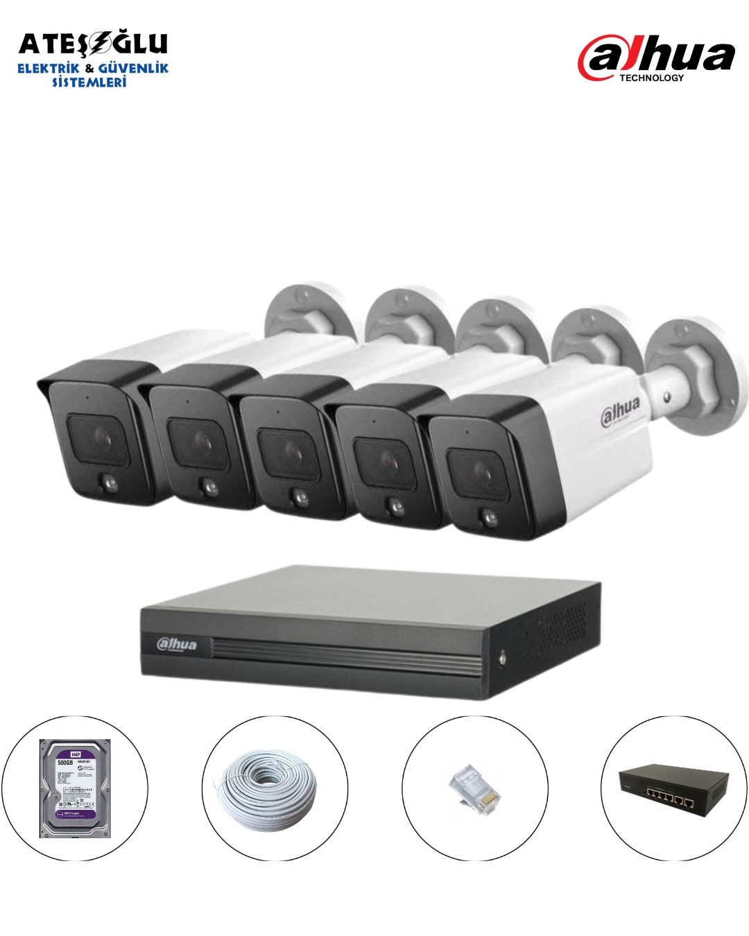 DAHUA 2 MP IP KAMERA SİSTEMİ 5 Li SET MONTAJ DAHİL